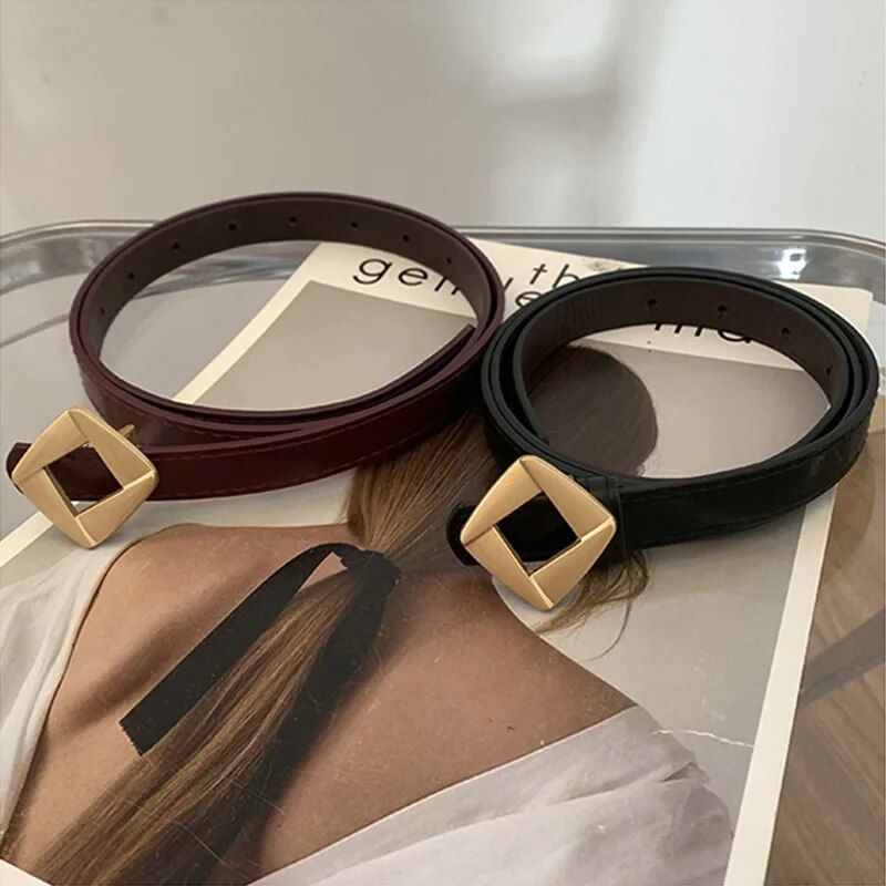 Leather Thin Belt with Metal Rhombus Buckle 