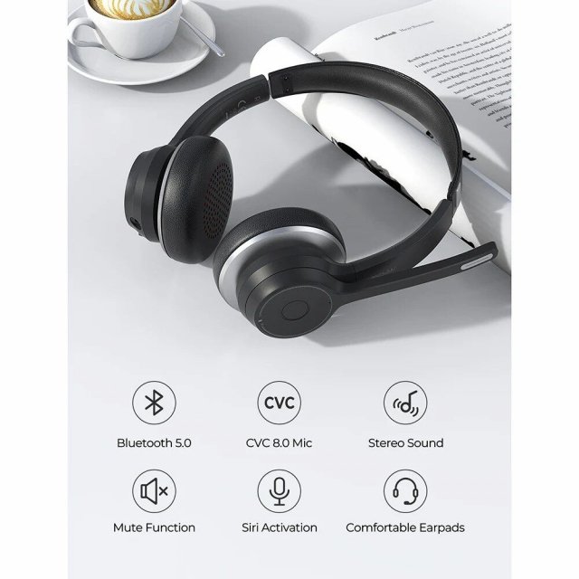 Bluetooth 5.0 Office Headset: Wireless & Wired, 22H Talk Time, CVC 8.0 Noise Cancelling Mic