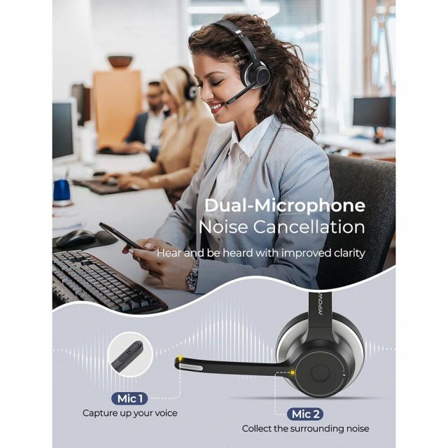 Bluetooth 5.0 Office Headset: Wireless & Wired, 22H Talk Time, CVC 8.0 Noise Cancelling Mic