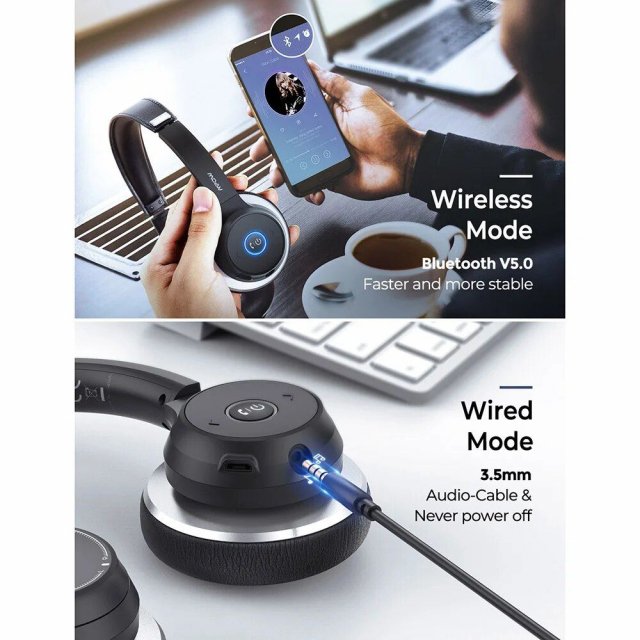 Bluetooth 5.0 Office Headset: Wireless & Wired, 22H Talk Time, CVC 8.0 Noise Cancelling Mic