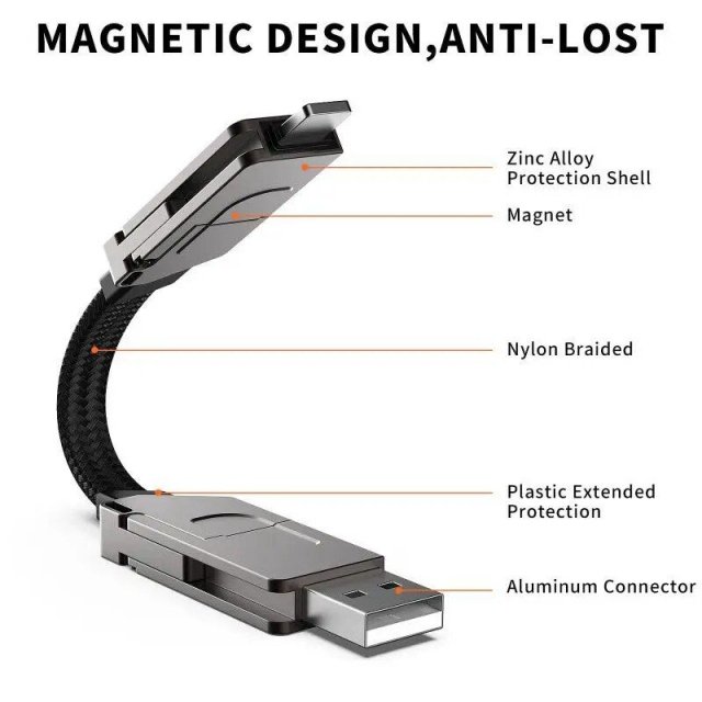 4-in-1 Magnetic Fast Charging Cable Keychain – 60W PD & 18W QC Compatible