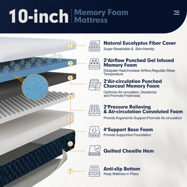 Queen Size Wooden Bed Frame with 10" Multi-Layer Memory Foam Mattress - Espresso Finish - Image 5