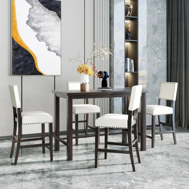 Elegant Espresso 5-Piece Counter Height Dining Set with Beige Chairs - Image 3