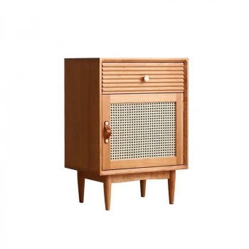 Elegant Solid Wood Nightstand with Rattan Storage - Modern Moroccan Design
