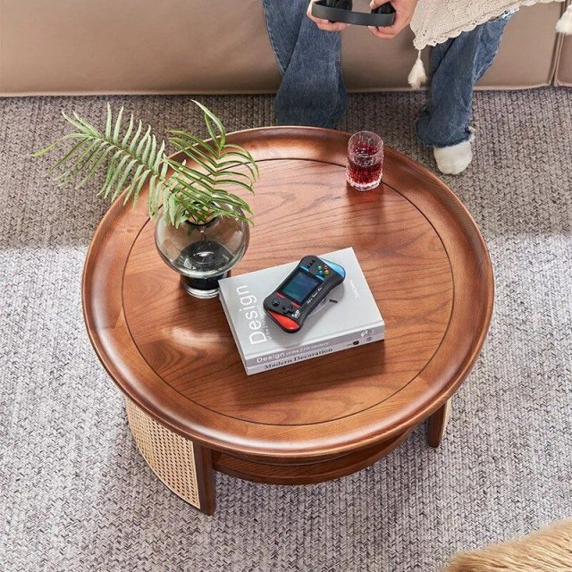 Minimalist Japanese Style Round Wood & Rattan Coffee Table - Image 5