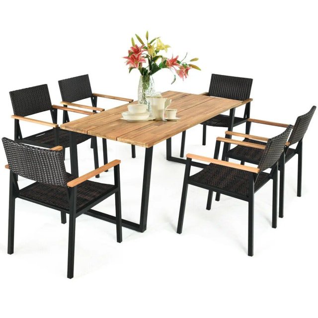 7-Piece Rattan & Wood Outdoor Dining Set - Image 6