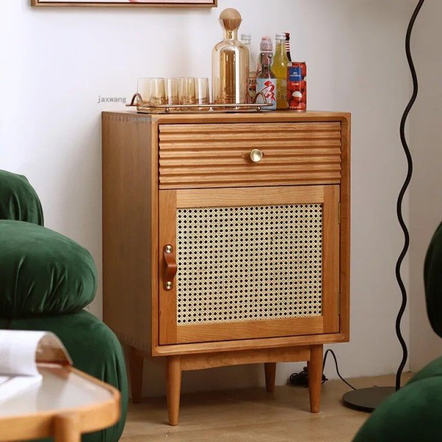 Elegant Solid Wood Nightstand with Rattan Storage - Modern Moroccan Design - Image 3