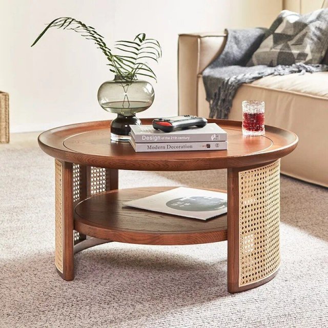 Minimalist Japanese Style Round Wood & Rattan Coffee Table - Image 4