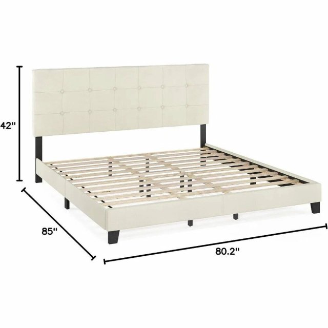 King Size Upholstered Platform Bed with Tufted Linen Headboard - Image 6