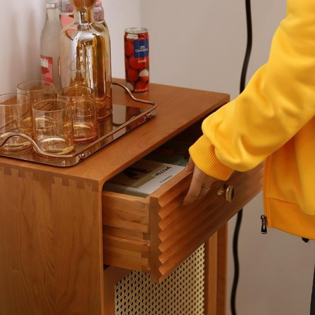 Elegant Solid Wood Nightstand with Rattan Storage - Modern Moroccan Design - Image 5