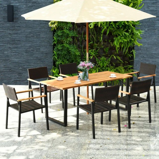 7-Piece Rattan & Wood Outdoor Dining Set - Image 3