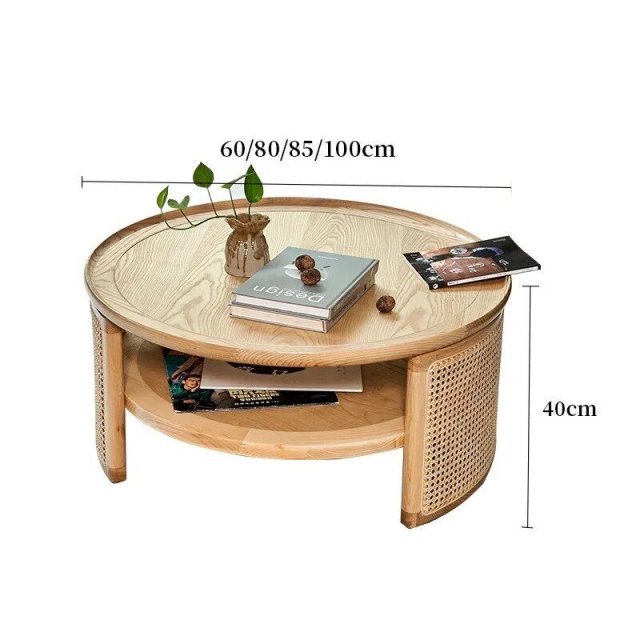 Minimalist Japanese Style Round Wood & Rattan Coffee Table - Image 6