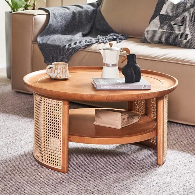 Minimalist Japanese Style Round Wood & Rattan Coffee Table - Image 3