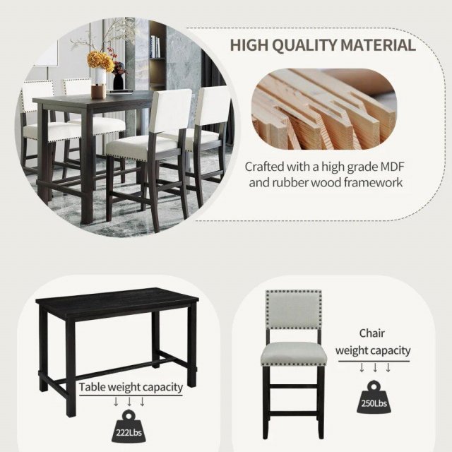 Elegant Espresso 5-Piece Counter Height Dining Set with Beige Chairs - Image 5