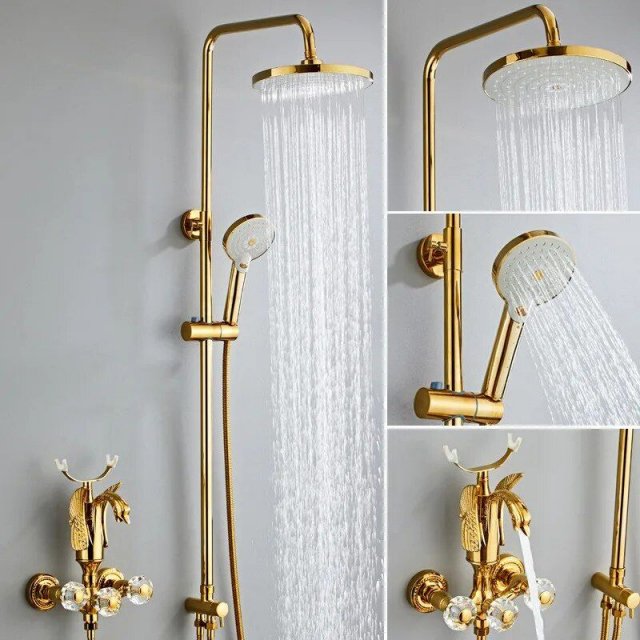 Bathroom Shower Faucet Set Gold Swan Rainfall Shower Mixer - Image 3