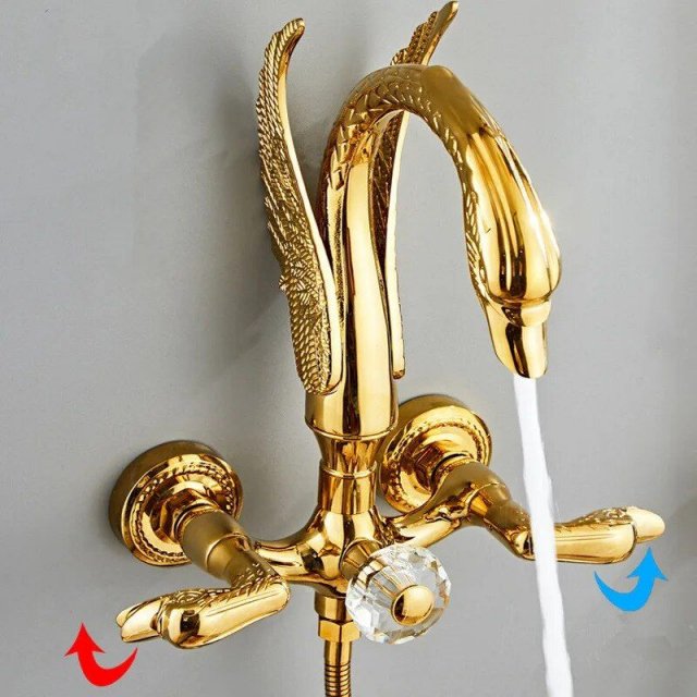 Bathroom Shower Faucet Set Gold Swan Rainfall Shower Mixer - Image 4