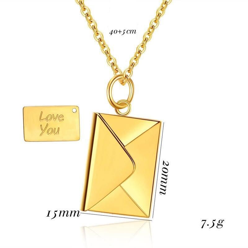 Love Letter Envelope Pendant Necklace on chain, featuring a rectangular tag engraved with "love you," epitomizing new fashion style.