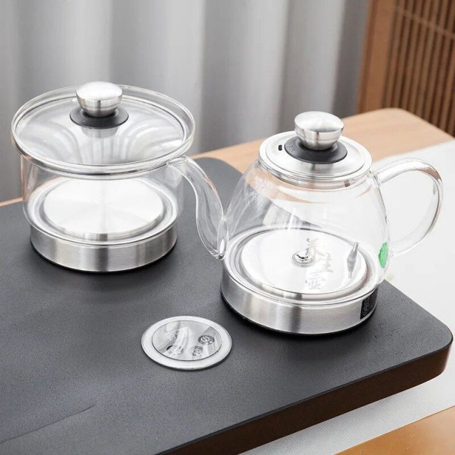 Elegant Black Stone Tea Tray Set with Glass Electric Kettle and Serving Pan - Image 3