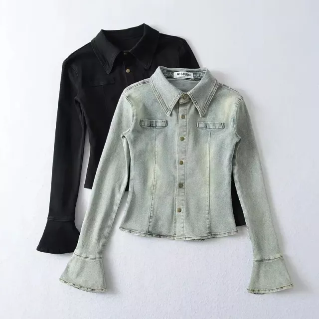 Luxury Vintage Denim Blouse – Slim Fit Flare Sleeve Casual Shirt - Image 6