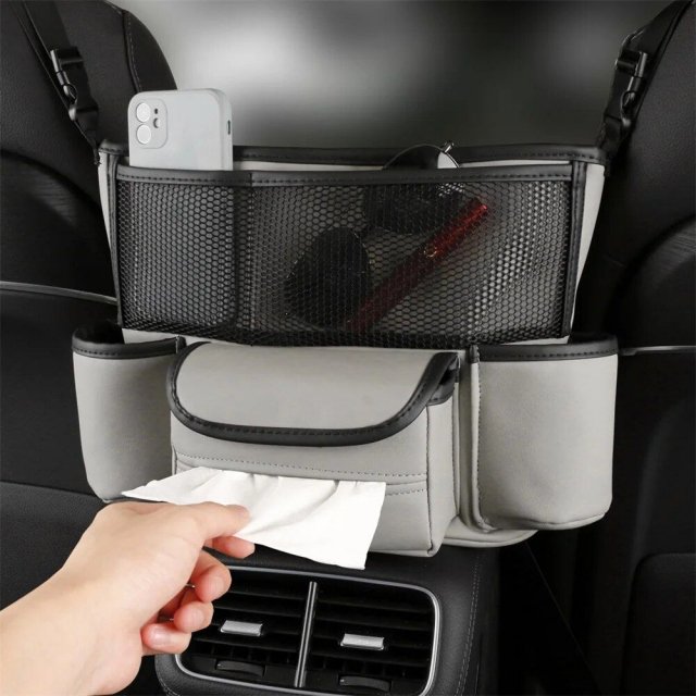 Luxury Leather Car Seat Organizer with Cup Holder & Tissue Pocket - Image 3
