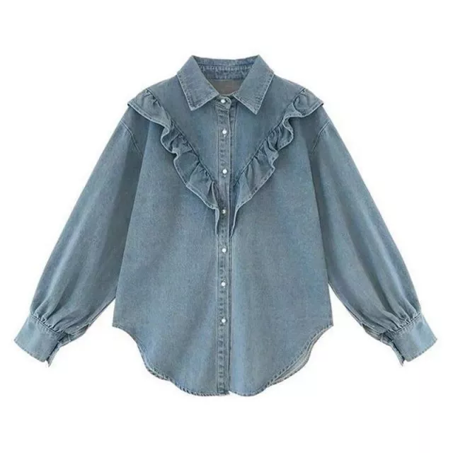 Elegant Ruffle Denim Blouse - Casual Princess Sleeve Jean Shirt for Women - Image 6