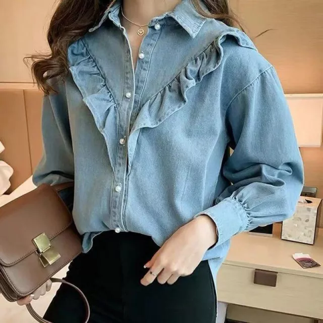 Elegant Ruffle Denim Blouse - Casual Princess Sleeve Jean Shirt for Women - Image 5