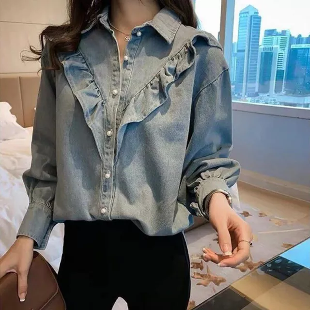 Elegant Ruffle Denim Blouse - Casual Princess Sleeve Jean Shirt for Women - Image 3