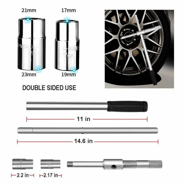 25″ Universal Telescoping Tire Lug Nut Wrench with Dual Sockets and Storage Bag