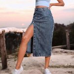 High Waist Denim Maxi Skirt - Vintage-Inspired Longline Jean Skirt with Split - Image 2