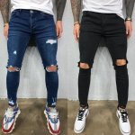 Stretch Skinny Ripped Knee Jeans for Men in Black & Blue - Image 2