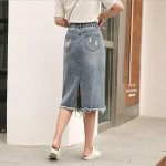 Chic Korean-Style Front Button Denim Skirt with Distressed Detail - Image 7