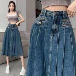 High-Waist A-Line Denim Midi Skirt - Vintage Pleated Y2K Grunge Style - Image 2