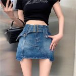 Women's Slim Fit Vintage Denim Mini Skirt with Belt - Image 4