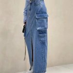 High Waist Vintage Denim Cargo Skirt with Front Split - Image 5