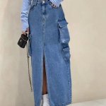 High Waist Vintage Denim Cargo Skirt with Front Split - Image 3