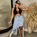 Women's Stretch-Waist Denim Midi Skirt with Pockets and Raw Hem - Image 4