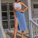 High Waist Denim Maxi Skirt - Vintage-Inspired Longline Jean Skirt with Split - Image 6
