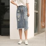 Chic Korean-Style Front Button Denim Skirt with Distressed Detail - Image 6
