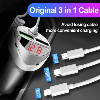 3.0 Quick Car Charger with 3-in-1 Universal USB Cable for Major Smartphone Models