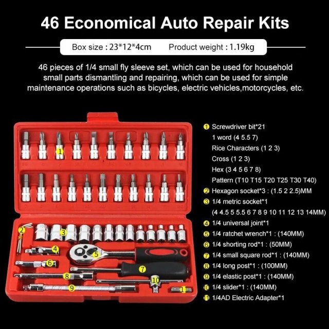 Complete 46-Piece 1/4″ Socket Set with Ratchet & Wrench Combo – Professional Auto Mechanic Tool Kit