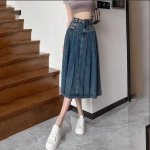 High-Waist A-Line Denim Midi Skirt - Vintage Pleated Y2K Grunge Style - Image 5