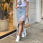 Women's Stretch-Waist Denim Midi Skirt with Pockets and Raw Hem - Image 2