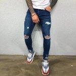 Stretch Skinny Ripped Knee Jeans for Men in Black & Blue - Image 3