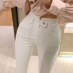 High Waist Skinny White Denim Pencil Jeans - Vintage Stretch - Image 2
