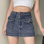 High-Waist Diamond-Pocket Vintage Denim Mini Skirt - A-Line Slim Fit - Image 2