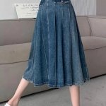 High-Waist A-Line Denim Midi Skirt - Vintage Pleated Y2K Grunge Style - Image 7