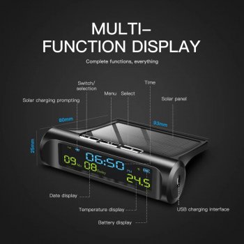 Solar-Powered Car Digital Clock with USB Charge & LED Display