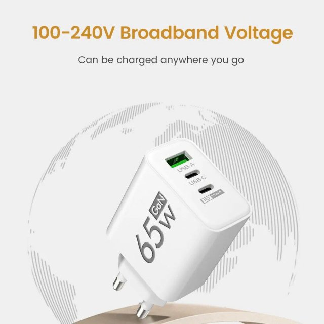 65W GaN USB-C Fast Charger with PD & Quick Charge 3.0