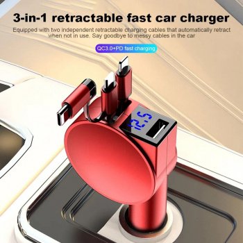 Alternative view of 60W 3-in-1 Retractable Car Charger with Fast Charge Technology