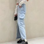 High Waist Vintage Denim Cargo Skirt with Front Split - Image 6